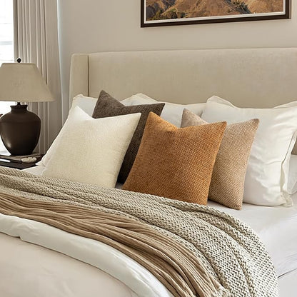 MIULEE Pack of 4 Brown Couch Throw Pillow Covers 18x18 Inch Soft Decorative Chenille Pillows Farmhouse Accent Cushions for Boho Home Decor Spring Sofa Bedroom Living Room