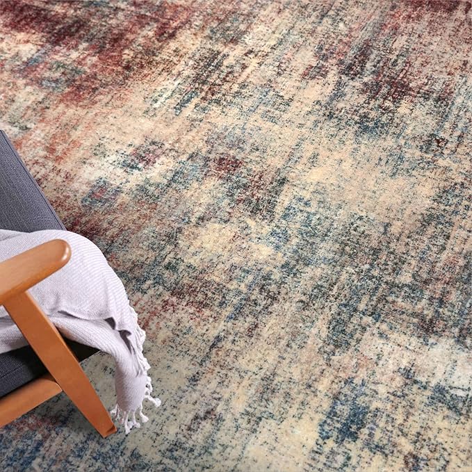 IOHOUZE Abstract Area Rugs 9x12 Ft Washable Large Rugs for Living Room, Non Slip Dining Room Rug, Printed Faux Wool Rugs for Bedroom, Floor Carpet for Office Nursery Playroom, Red/Multi