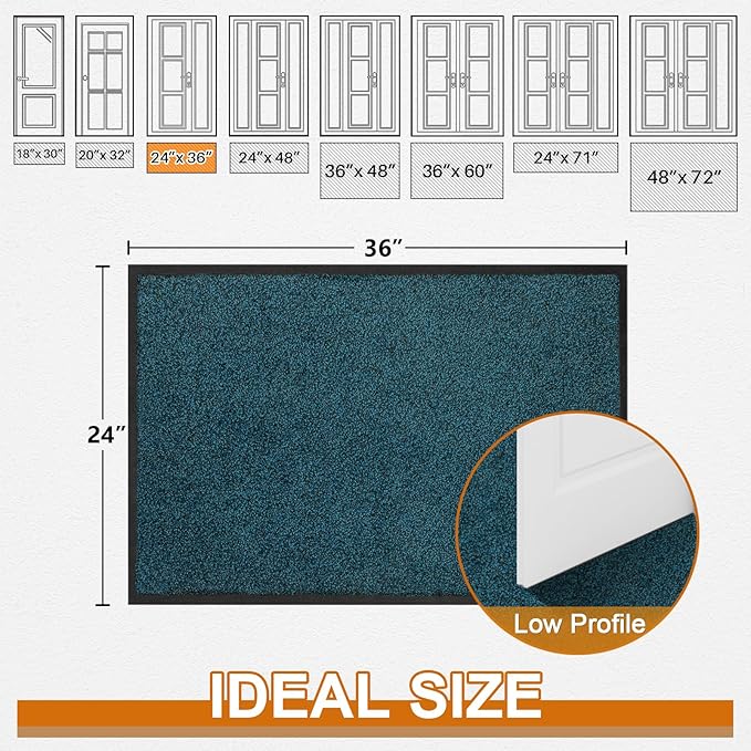 Mibao Front Door Mat, Dirt Trapper Welcome Mat for Outdoor Indoor, Non-Slip Waterproof Doormat, Durable Low Profile Entry for Back Door Outside Patio Porch, 36" x 24", Blue