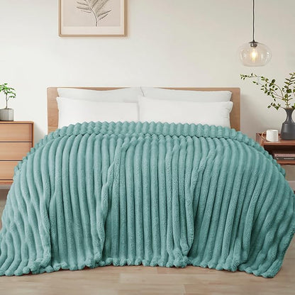 Exclusivo Mezcla Twin Size Flannel Fleece Blanket, Super Soft Striped Jacquard Bed Blanket, Lightweight Fuzzy Cozy for All Seasons, 60x80 Inches, Celadon