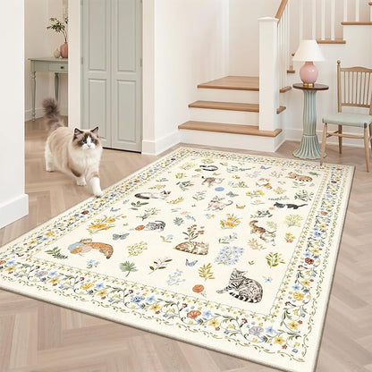 Cat 4x6 Area Rugs, Machine Washable Animal Floral Accent Rug Non-Slip Low Pile Soft Throw Rugs for Entryway Kitchen Bedside Living Room Bedroom Nursery Playroom (4 x 6,Beige)