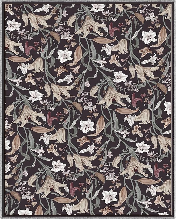 Area Rug 8x10 Vintage Rug Traditional Mat,Non Slip Indoor Boho Area Rug Carpet Home Décor for Entryway, Bedroom, Dining Room (Dark Floral)