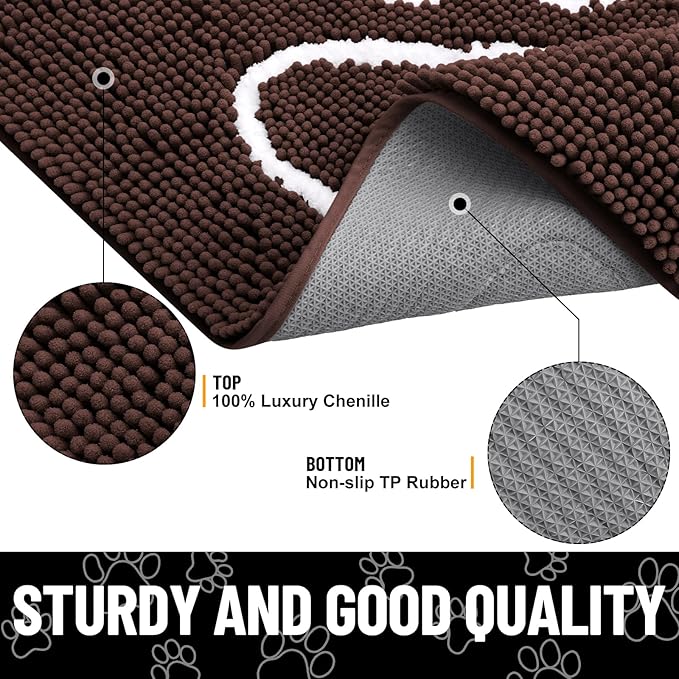 Smiry Dog Door Mat for Muddy Paws, Absorbent Dirt Trapper Non Slip Quick Dry Washable Chenille Mat for Mud Dogs, Entry Rug for Indoor and Outdoor (70x32 Inches, Brown and White)