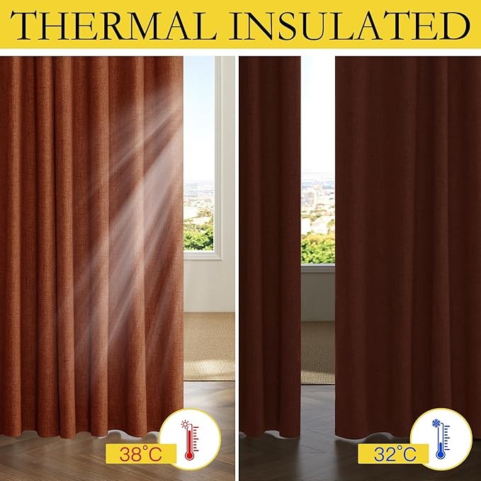 NICETOWN 100% Absolutely Blackout Linen Curtains with Thermal Insulated Liner, 62" Wide, 2 Panels, 95" Long Drapes, Grommet Retro Burnt Orange Linen Curtains Vertical Drapes Privacy for Bedroom
