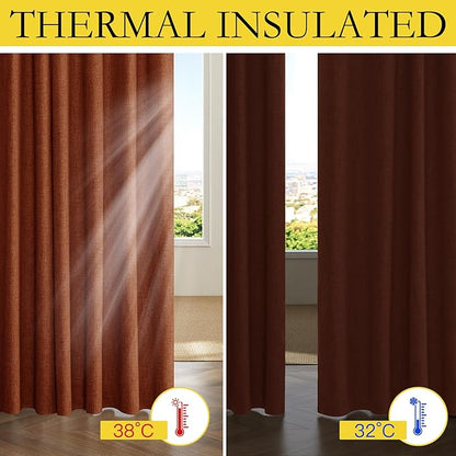 NICETOWN 100% Absolutely Blackout Linen Curtains with Thermal Insulated Liner, 52" Wide, 2 Panels, 90" Long Drapes, Grommet Retro Burnt Orange Linen Curtains Vertical Drapes Privacy for Bedroom