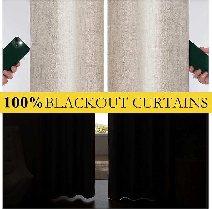 NICETOWN Oatmeal Full Blackout Boho-Chic Linen Curtains 84 inch Long 2 Panels Set for Cafe Window, 42 inch Wide, Thick Linen Blend Drapes, Insulated Window Covers Draperies with White Backing