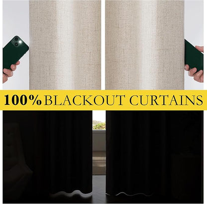 NICETOWN Oatmeal Vintage Open Linen Weave Flax Thermal Curtains, 100% Blackout Curtains 90" Long for Dining Room, Soundproof Window Treatment Drapes for Home Office, 62" Wide Per Panel, Set of 2