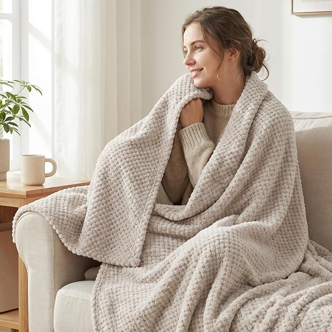 Exclusivo Mezcla Fleece Bed Blanket Twin Size, Super Soft and Warm Blankets for Couch, Sofa and Bed Waffle Textured, Cozy, Fuzzy and Lightweight (Tan, 90x66 Inches)