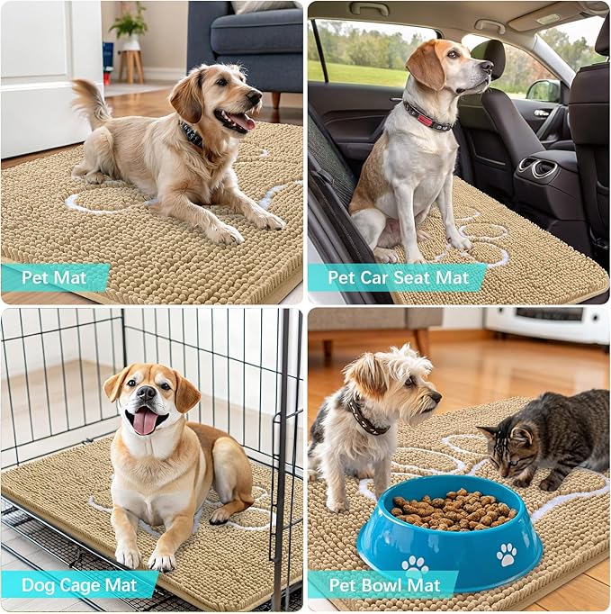 OLANLY Dog Door Mat for Muddy Paws 47x20, Paw Print Design, Absorbs Moisture and Dirt, Absorbent Non-Slip Washable Doormat, Quick Dry Chenille Mud Mat for Dogs, Entry Indoor Entryway Carpet, Beige