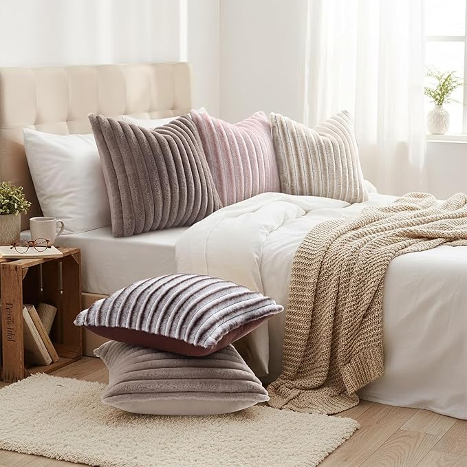 decorUhome Cozy Faux Fur Throw Pillow Covers 16x16 Set of 2 Decorative Soft Plush Striped Modern Farmhouse Boho Couch Pillow Cases with Velvet Back for Sofa Bed Living Room, Tan