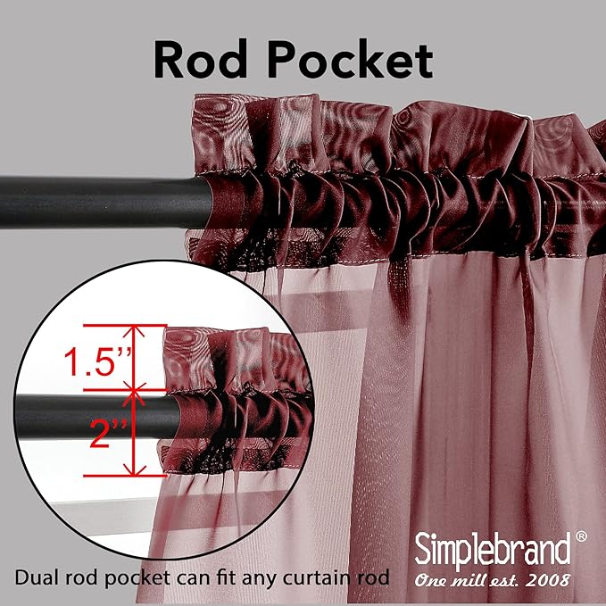 Simplebrand Red Sheer Curtains 63 Inch Length 2 Panels, Rod Pocket Solid Color Window Sheer Curtain Panels, Elegant Curtains & Drapes for Living Room, Bedroom 2 Panels (Burgundy, 42" W x 63" L)