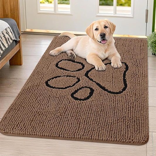 Smiry Dog Door Mat for Muddy Paws, Absorbent Dirt Trapper Non Slip Quick Dry Washable Chenille Mat for Mud Dogs, Entry Rug for Indoor and Outdoor (40x32 Inches, Coffee and Black)