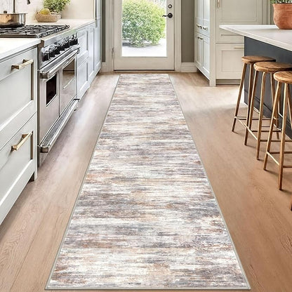 KOZYFLY Modern Abstract Runners for Hallways 2x12 Washable Rug Runner Non-Slip Soft Striped Kitchen Runner Rug, Multi Grey/Orange Print Carpet Runner for Entryway Bathroom