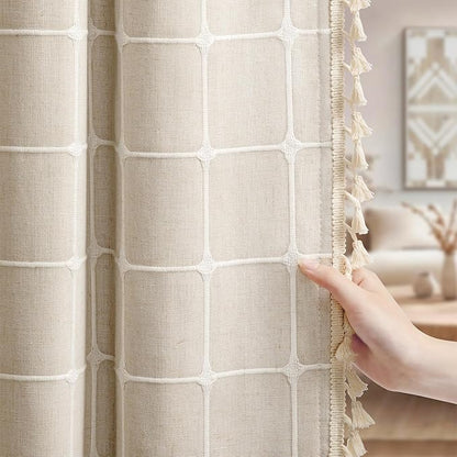 Boho Blackout White Plaid Curtains 84 Inch Beige Linen Blend Drapes with Tassels 2 Panels, Cotton Embroidered Farmhouse Curtains for Living Room Bedroom Rustic Vintage Decor