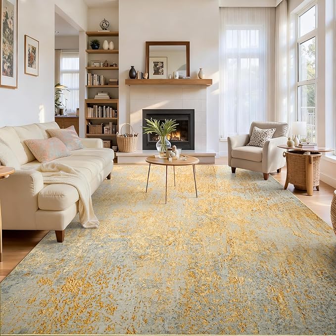 Ompaa Living Room Rug 6x9 Area Rug Washable Boho Carpet Non Slip Abstract Vintage Indoor Large Rugs for Bedroom, Classroom, College Dorm, Farmhouse, Dining Room, Kids Playroom (Orange, Silver & Gray)
