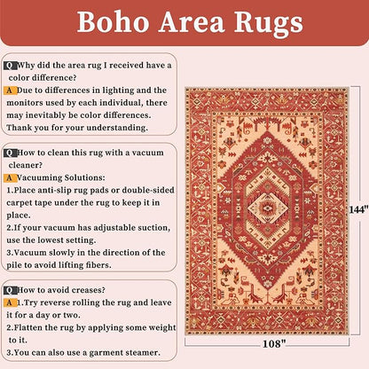 SERISSA 9x12 Area Rugs for Living Room, Large Washable Non-Slip Boho Rug, Ultra Soft Vintage Red Oriental Tribal Print Distressed Carpet for Dining Room Bedroom Dorm Office Home Decor