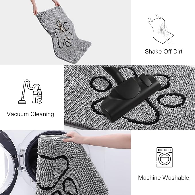 Smiry Dog Door Mat for Muddy Paws, Absorbent Dirt Trapper Non Slip Quick Dry Washable Chenille Mat for Mud Dogs, Entry Rug for Indoor and Outdoor (48x30 Inches, Grey and Black)