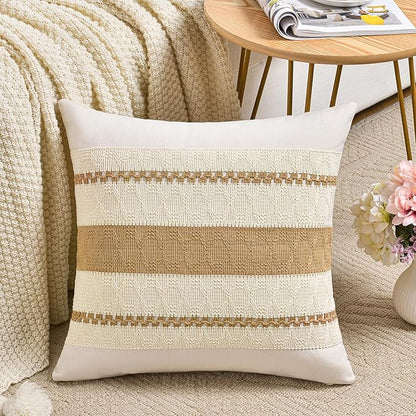 Fancy Homi Set of 1 Tan Neutral Decorative Throw Pillow Cover 18x18 Inch for Couch Bed Sofa, Aesthetic Modern Organic Farmhouse Boho Home Decor, Soft Cotton Cute Accent Macrame Taupe Cushion Case