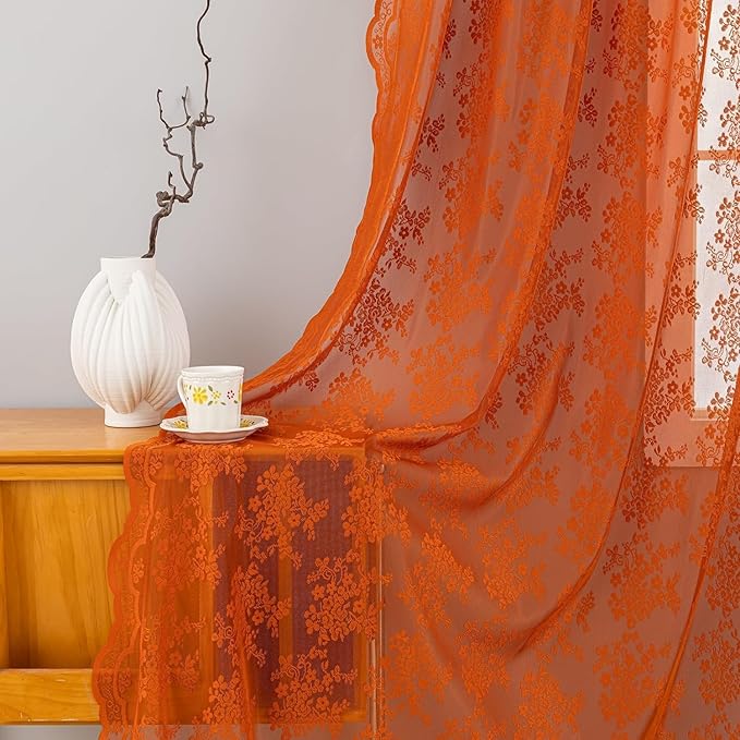 YJ YANJUN Vintage Lace Curtains 45 Inch Length- Burtnt Orange Fall Kitchen Curtains for Small Window Privacy Rustic Floral Short Boho Sheer Panels for Bathroom Living Room RV 2 Panels 52x45 Orange