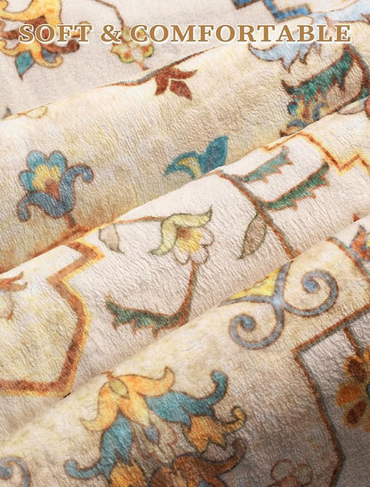 SERISSA Boho Washable Runner Rug, 2'6"x10' Rug Runner Non-Slip Vintage Light Yellow Hallway Kitchen Runner Rug Ultra Soft Print Distressed Floor Carpet Runner for Bedroom Bathroom Laundry Room