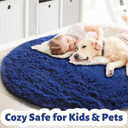 Navy Blue Round Rugs 5Ft for Boys Bedroom, Fluffy Circle Area Rug for Kids, Living Room Decor Aesthetic, Shag Fur Throw Royal Dark Blue Carpet for Baby Nursery, Shaggy Thick Fuzzy Floor Carpets