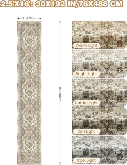 Washable Runner Rug 2.5x16, Non-Slip Long Kitchen Mats for Floor, Vintage Rug for Entryway, Soft Hallway Runner for Dining Room, Bedroom, Living Room(Brown,2.5'x16')