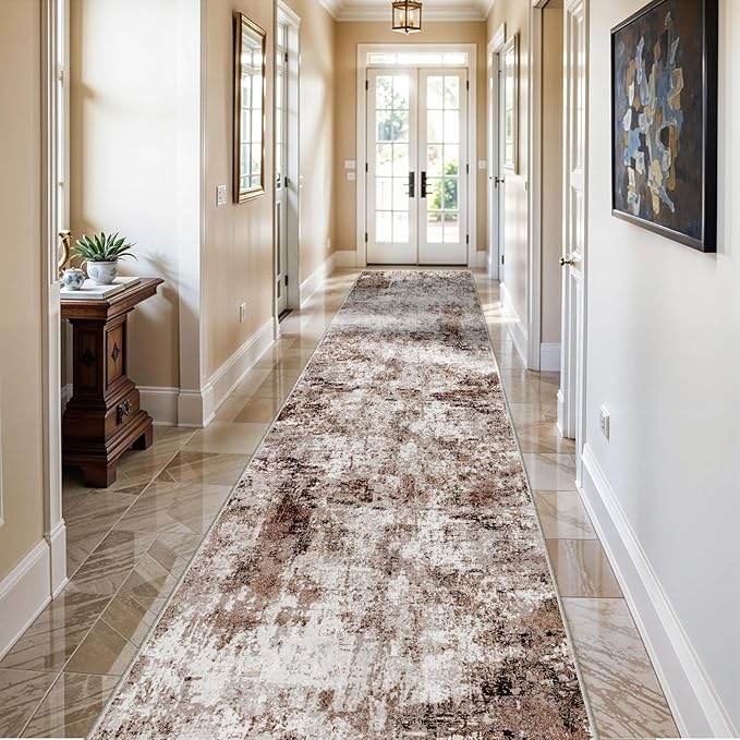 3x20 Washable Runner Rug for Hallway: Extra Long Runners for Entryway Living Room Dining Room - Stain and Water Resistant Rugs with Non-Slip Backing - Soft Low-Pile Carpet Brown Khaki White