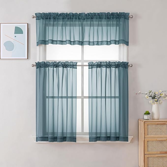Chyhomenyc Sheer Stone Blue Tier Curtains 24 Inch Length, Small Window Curtains Treatment for Bathroom Living Room Basement, Short Rod Pocket Cafe Curtain, 42W x 24L Inches, 2 Panels