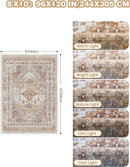 Washable Rugs 8x10 Area Rugs for Living Room, Non-Slip Backing Large Rug for Nursery Room, Vintage Floral Bedroom Rugs, Thin Indoor Home Decor Soft Farmhouse Rug (Orange,8'x10')