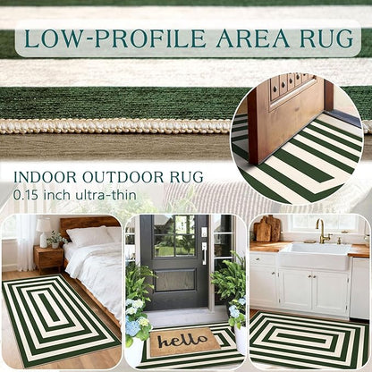 Modern Outdoor Rug - 28" x 43" Front Door Mat Indoor Outside Entrance Non-Slip Washable Outdoor Mat Green White Border Striped Rug for Entryway Kitchen Bedroom Layered Doormat for Front Porch