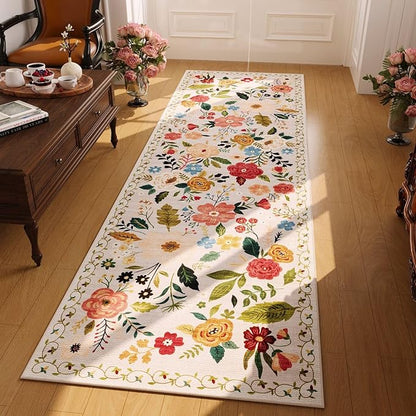 Rugcomf Washable Kitchen Runner 2'7"x12' - Floral Long Hallway Runner Rug Non Slip, Boho Carpet for Entryway, Hall, Bathroom - Beige