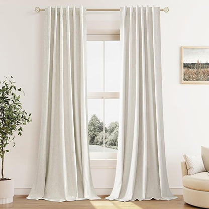 Guken 100% Blackout Cream Linen Curtains 52 Inch Wide by124 Inch 2 Panels Set for Living Room Bedroom Back Tab Thermal Insulated Black Out Linen Drapes Room Darkening Window Curtains