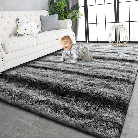 TWINNIS Super Soft Shaggy Rugs Fluffy Carpets, 5x8 Feet, Indoor Modern Plush Area Rugs for Living Room Bedroom Kids Room Nursery Home Decor, Upgrade Anti-Skid Rectangular Fuzzy Rug, Gray Black