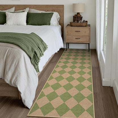 Lahome Colette Checkered Green Runner Rug, 2x8 Carpet Runners for Hallway 8ft Non Slip Entryway Rug, Farmhouse Checkerboard Non Shedding Kitchen Mats for Floor Laundry Corridor