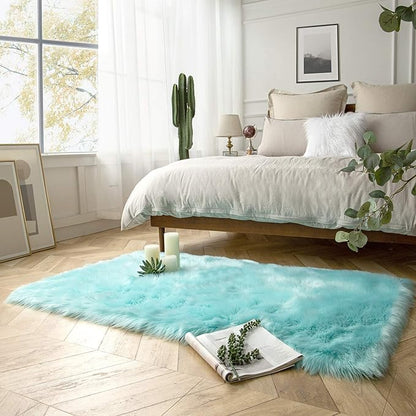 Ashler Faux Fur Area Rug, Fluffy Shaggy 3 x 5 Feet Rectangle Turquoise Fuzzy Machine Washable Shag Rug for Nursery, Kids & Living Room
