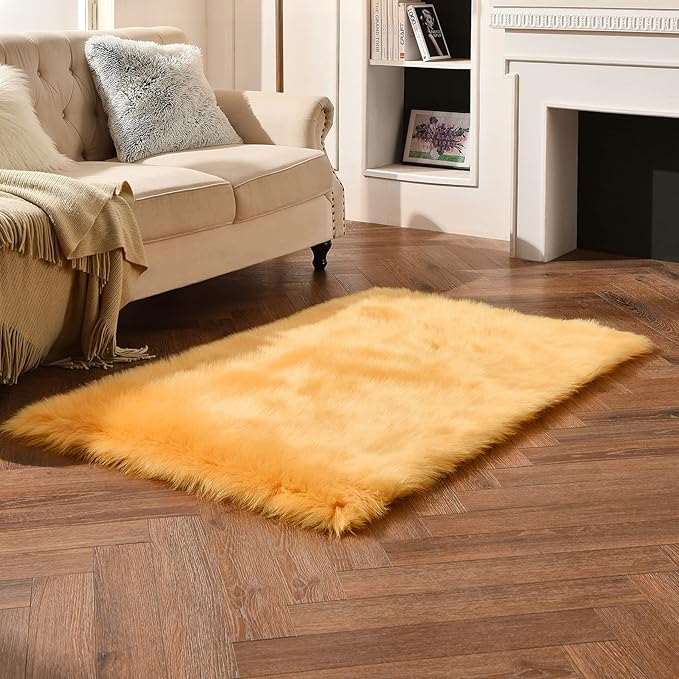 duduta Yellow Faux Sheepskin Fur Rug 3x5 ft, Fluffy Shag Bedroom Dorm Nursery Playroom Carpet Rug Non Slip Washable