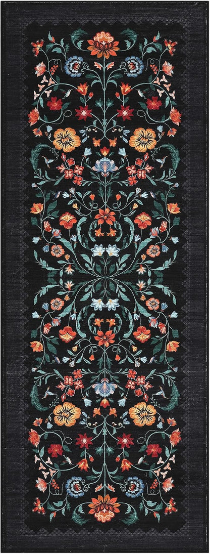 GarveeHome Floral Rug 2.5x8 Runners for Hallways, Boho Kitchen Runner Rugs Non Slip Bath Runners, Vintage Washable Runner Rug for Bedroom, Soft Long Rugs for Entryway Bathroom Laundry Dorm, Black