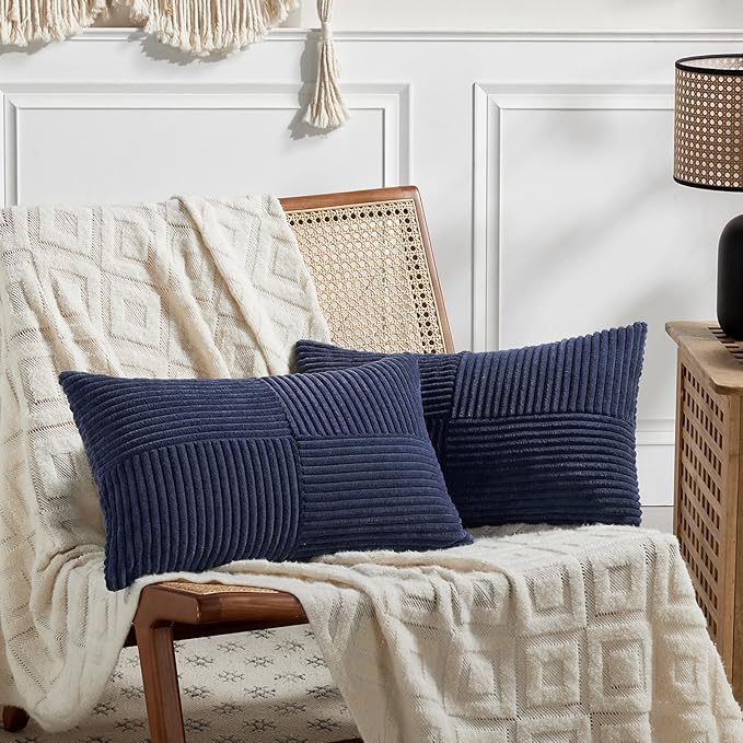 Fancy Homi 2 Packs Navy Blue Lumbar Decorative Throw Pillow Covers 16x32 Inch for Living Room Couch, Rustic Farmhouse Boho Home Decor, Soft Striped Corduroy Rectangle Accent Cushion Case 40x80 cm