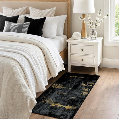 Washable Area Rugs 2'x5' Non-Slip Modern Abstract Soft for Living Room Entryway Bedroom Nursery, Print Pattern, Dark Black Gold