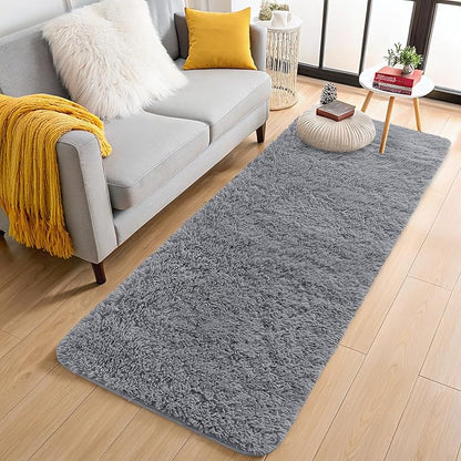 OLANLY 2x6 Machine Washable Runner Rugs for Hallway, Soft Fluffy Shaggy Bedside Rugs for Bedroom, Living Room, Indoor Floor Carpet for Kids Girls Boys, Nursery Rooms, Home Decor Aesthetic, Light Grey