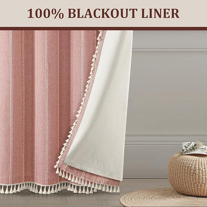 Coral Curtains Boho Blackout Curtains 2 Panels 84 Inch for Living Room Bedroom, Linen Texture Farmhouse Curtains with Tassels and White Cotton Embroidery Vintage Rustic Country Western