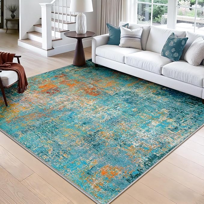 Washable Area Rugs Square 8ft Non-Slip Modern Abstract Soft for Living Room Entryway Bedroom Nursery, Print Pattern, Teal Blue Green Orange Rust Red Coloreful