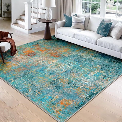 Washable Area Rugs Square 8ft Non-Slip Modern Abstract Soft for Living Room Entryway Bedroom Nursery, Print Pattern, Teal Blue Green Orange Rust Red Coloreful