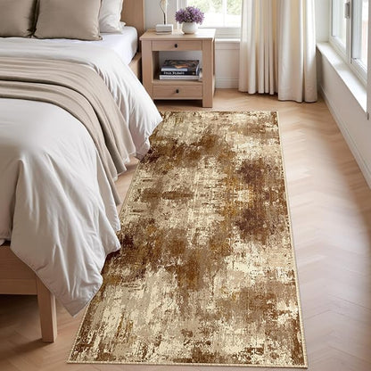 Washable Area Rugs 2'x6' Non-Slip Modern Abstract Soft for Living Room Entryway Bedroom Nursery, Print Pattern, Brown Tan Beige Coffee