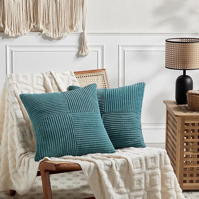 Fancy Homi 2 Packs Teal Euro Decorative Throw Pillow Covers 26x26 Inch for Living Room Couch Bed, Rustic Farmhouse Boho Home Decor, Soft Corss Corduroy Patchwork Textured Square Cushion Case 66x66 cm