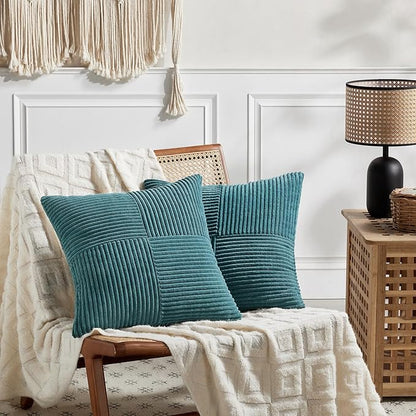 Fancy Homi 2 Packs Teal Samll Decorative Throw Pillow Covers 14x14 Inch with for Couch Bed Sofa, Rustic Farmhouse Boho Home Decor, Soft Corss Patchwork Corduroy Square Cushion Case 35x35 cm
