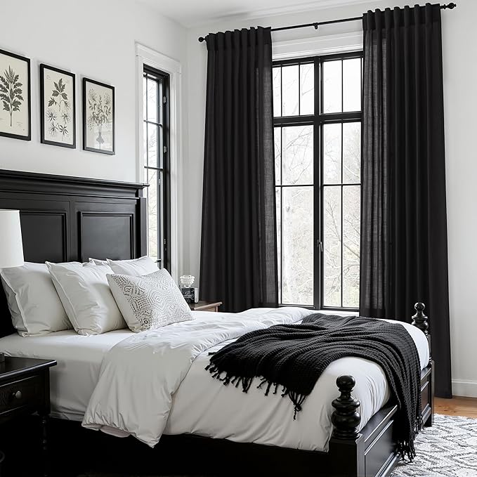 Vintage Black Linen Curtains 63 Inch Length for Living Room Light Filtering Semi Sheer Curtain Back Tab and Rod Pocket Privacy Luxury Gothic Vintage Decor Drapes for Bedroom Office 52x63, 2 Panels