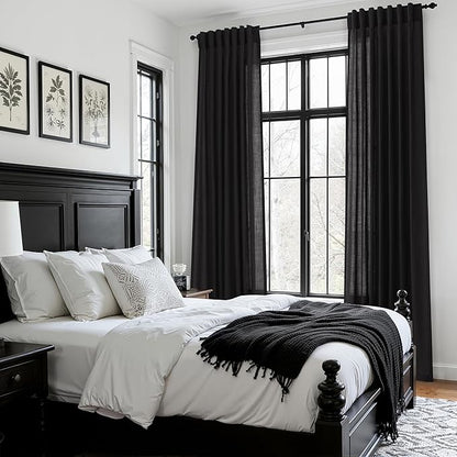 Vintage Black Linen Curtains 63 Inch Length for Living Room Light Filtering Semi Sheer Curtain Back Tab and Rod Pocket Privacy Luxury Gothic Vintage Decor Drapes for Bedroom Office 52x63, 2 Panels