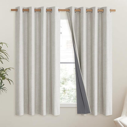 NICETOWN Snowbound Vintage Linen 100% Blackout Curtains for Living Room, Thermal Insulated Curtains 48" Long, Noise Reducing Window Treatment Drapes for Hall Room, 52" Wide Per Panel, Set of 2