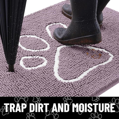 Smiry Dog Door Mat for Muddy Paws, Absorbent Dirt Trapper Non Slip Quick Dry Washable Chenille Mat for Mud Dogs, Entry Rug for Indoor and Outdoor (48x30 Inches, Deep Plum and White)
